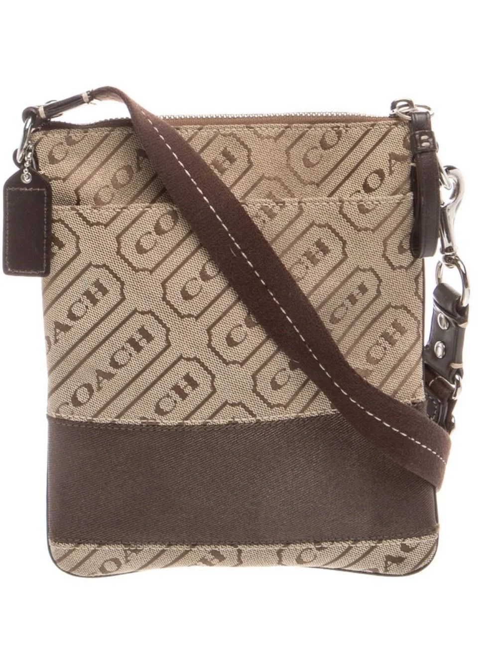 Coach Signature Jacquard North South Swingpack Crossbody Bag Brown Tan